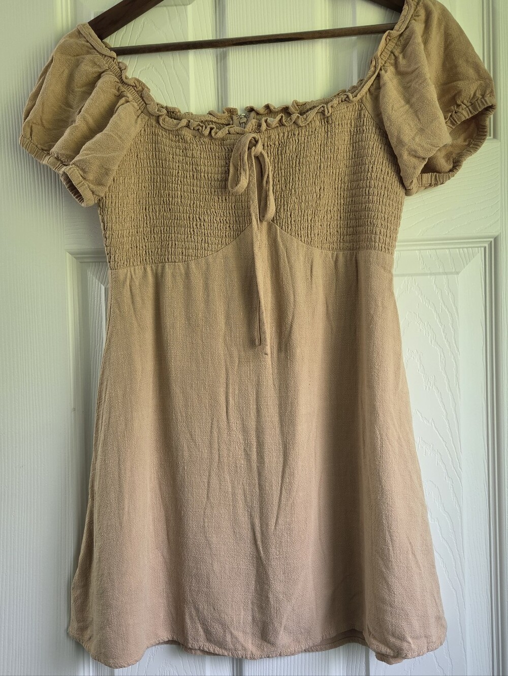 Altar'd State Tan Smocked Milkmaid Babydoll Mini Dress Size M